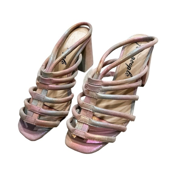 NEW FREE PEOPLE Colette Ankle Strap Rainbow Metallic Leather Heel Sandals Sz 7.5 - Picture 2 of 6